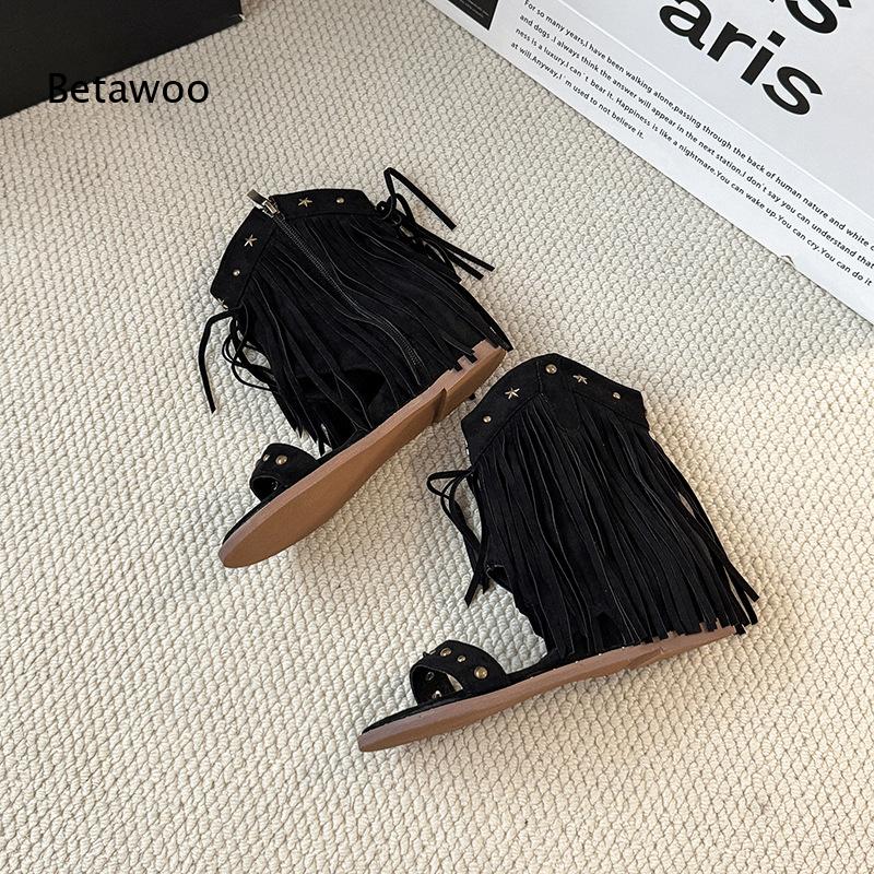 Women Western Fringe Mid-Calf  - Star Flat Back 评论和价格