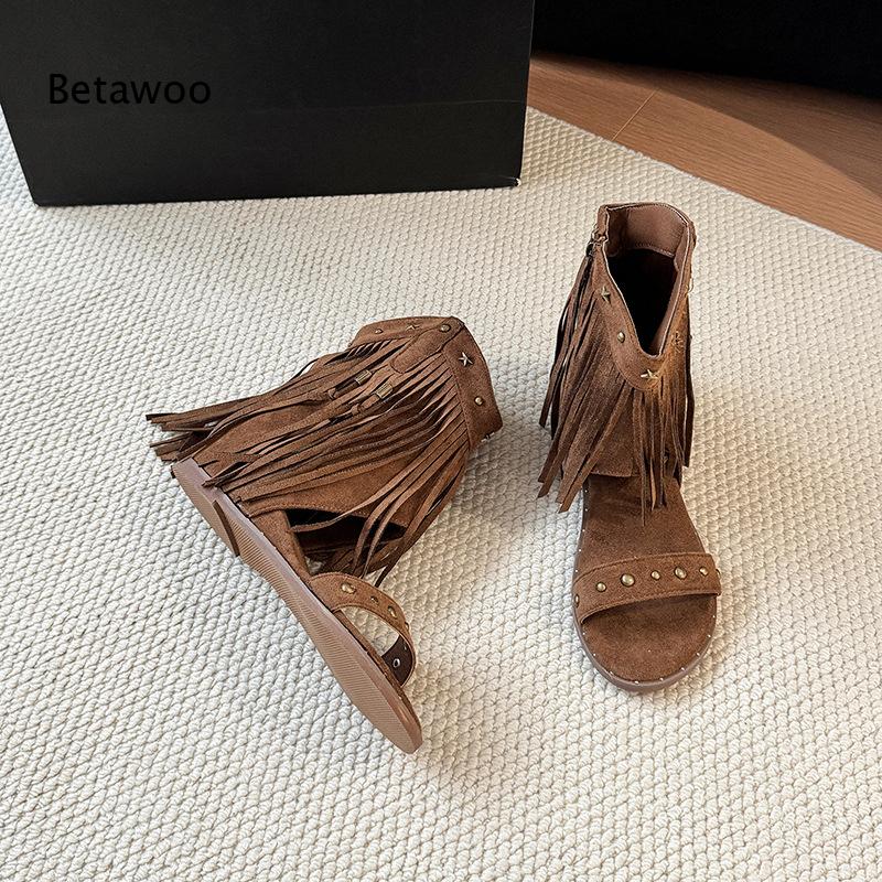 Women Western Fringe Mid-Calf  - Star Flat Back 评论和价格